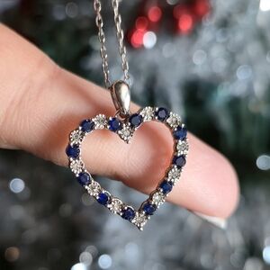925 Sterling Silver DESIGNER A Diamond & Sapphire Heart Pendant 18" Necklace 💙